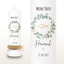 Load image into Gallery viewer, Taufkerze "Heinrich" Eukalyptuskranz - personalisiert