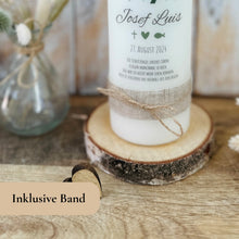 Load image into Gallery viewer, Taufkerze "Josef" Wal hell blau mit christlichen Symbolen - personalisiert