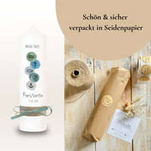 Load image into Gallery viewer, Taufkerze "Feline" Wal hell blau mit christlichen Symbolen - personalisiert