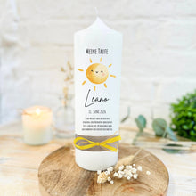 Lade das Bild in den Galerie-Viewer, Taufkerze "Leano" Wal hell blau mit christlichen Symbolen - personalisiert