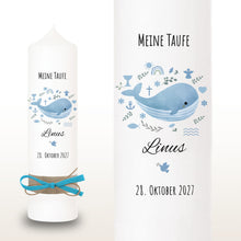 Lade das Bild in den Galerie-Viewer, Taufkerze Wal Symbole blau – Ansicht 2