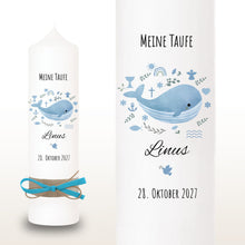 Load image into Gallery viewer, Taufkerze "Linus" Wal hell blau mit christlichen Symbolen - personalisiert