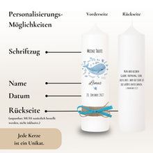 Load image into Gallery viewer, Taufkerze "Linus" Wal hell blau mit christlichen Symbolen - personalisiert
