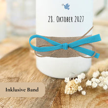 Load image into Gallery viewer, Taufkerze "Linus" Wal hell blau mit christlichen Symbolen - personalisiert