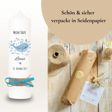 Load image into Gallery viewer, Taufkerze "Linus" Wal hell blau mit christlichen Symbolen - personalisiert