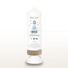 Lade das Bild in den Galerie-Viewer, Taufkerze "Ludwig" Wal hell blau mit christlichen Symbolen - personalisiert