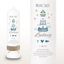 Lade das Bild in den Galerie-Viewer, Taufkerze "Ludwig" Wal hell blau mit christlichen Symbolen - personalisiert