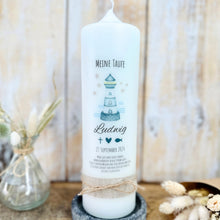 Lade das Bild in den Galerie-Viewer, Taufkerze "Ludwig" Wal hell blau mit christlichen Symbolen - personalisiert