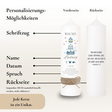 Lade das Bild in den Galerie-Viewer, Taufkerze "Ludwig" Wal hell blau mit christlichen Symbolen - personalisiert
