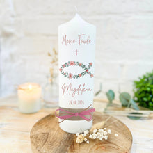 Load image into Gallery viewer, Taufkerze "Magdalena" christliche Symbole - personalisiert