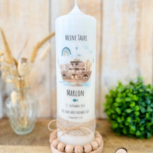 Load image into Gallery viewer, Taufkerze "Marlon" Wal hell blau mit christlichen Symbolen - personalisiert