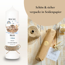 Load image into Gallery viewer, Taufkerze "Marlon" Wal hell blau mit christlichen Symbolen - personalisiert