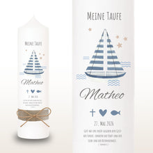 Lade das Bild in den Galerie-Viewer, Taufkerze "Matheo" Wal hell blau mit christlichen Symbolen - personalisiert