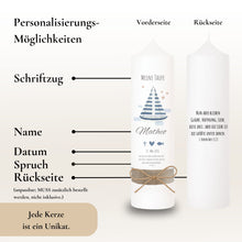 Lade das Bild in den Galerie-Viewer, Taufkerze "Matheo" Wal hell blau mit christlichen Symbolen - personalisiert