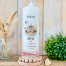 Lade das Bild in den Galerie-Viewer, Taufkerze "Minna" Wal hell blau mit christlichen Symbolen - personalisiert