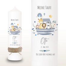 Lade das Bild in den Galerie-Viewer, Taufkerze "Otto" Wal hell blau mit christlichen Symbolen - personalisiert