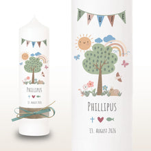 Load image into Gallery viewer, Taufkerze "Phillipus" Wal hell blau mit christlichen Symbolen - personalisiert