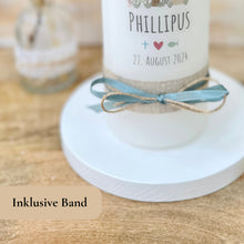 Load image into Gallery viewer, Taufkerze "Phillipus" Wal hell blau mit christlichen Symbolen - personalisiert
