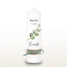 Lade das Bild in den Galerie-Viewer, Taufkerze "Ricarda" Eukalyptusfisch Spruch - personalisiert