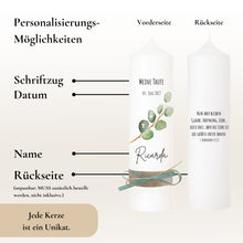 Lade das Bild in den Galerie-Viewer, Taufkerze "Ricarda" Eukalyptusfisch Spruch - personalisiert