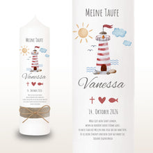 Load image into Gallery viewer, Taufkerze "Vanessa" Wal hell blau mit christlichen Symbolen - personalisiert