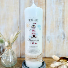 Load image into Gallery viewer, Taufkerze "Vanessa" Wal hell blau mit christlichen Symbolen - personalisiert