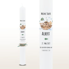 Load image into Gallery viewer, Taufkerze "Albert" Wal hell blau mit christlichen Symbolen - personalisiert