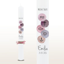 Load image into Gallery viewer, Taufkerze "Emilia" christliche Symbole - personalisiert