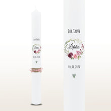 Lade das Bild in den Galerie-Viewer, Taufkerze Blattkranz Rosen rosa – personalisiert