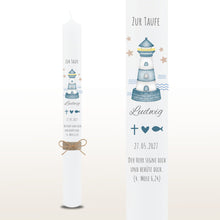 Lade das Bild in den Galerie-Viewer, Taufkerze "Ludwig" Wal hell blau mit christlichen Symbolen - personalisiert