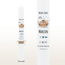Load image into Gallery viewer, Taufkerze "Marlon" Wal hell blau mit christlichen Symbolen - personalisiert