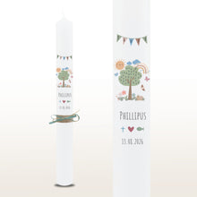 Load image into Gallery viewer, Taufkerze "Phillipus" Wal hell blau mit christlichen Symbolen - personalisiert