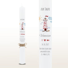 Load image into Gallery viewer, Taufkerze "Vanessa" Wal hell blau mit christlichen Symbolen - personalisiert