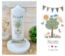Charger l'image dans la galerie, Taufkerze "Phillipus" Kreuz | Herz | Fisch | Regenbogen | Wellen - personalisiert