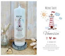 Load image into Gallery viewer, Taufkerze “Vanessa“ Leuchtturm - personalisiert