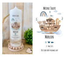 Load image into Gallery viewer, Taufkerze Arche Noah “Marlon“ | Boot | Kreuz| Spruch “Die Liebe hört... “ - personalisiert