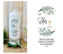Charger l'image dans la galerie, Taufkerze / Konfirmationskerze "Silas" Eukalyptus Zweige mit Spruch - personalisiert