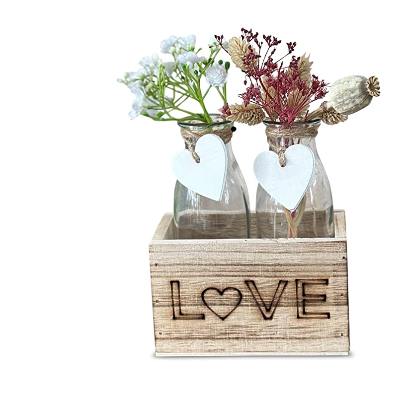 Glasvasen Vasen Set für Blumen mit Herz & Holzkiste 