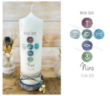 Load image into Gallery viewer, Taufkerze "Nino" watercolor Kreise Kreuz - personalisiert