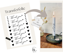 Lade das Bild in den Galerie-Viewer, Kerzenfolie Kerzentattoo "FO-0003" *Thank you* black | Gastgeschenk | Tischdeko | Stabkerzen- Kerzensticker DIY