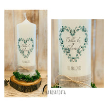 Load image into Gallery viewer, Hochzeitskerze "Bella" Eukalyptusherz - personalisiert