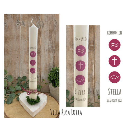 Kommunionkerze “Stella“ christliche Symbole - personalisiert