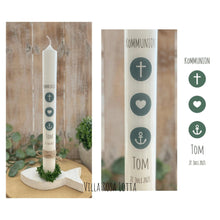 Lade das Bild in den Galerie-Viewer, Kommunionkerze “Tom“ christliche Symbole - personalisiert