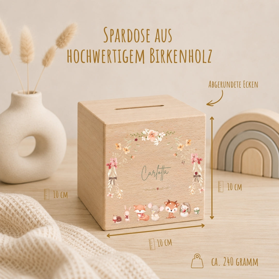 Spardose aus Holz mit Namen, Motiv Waldbewohner & Blumen – Ansicht 2