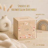 Spardose aus Holz mit Namen, Motiv Waldbewohner & Blumen – Ansicht 2