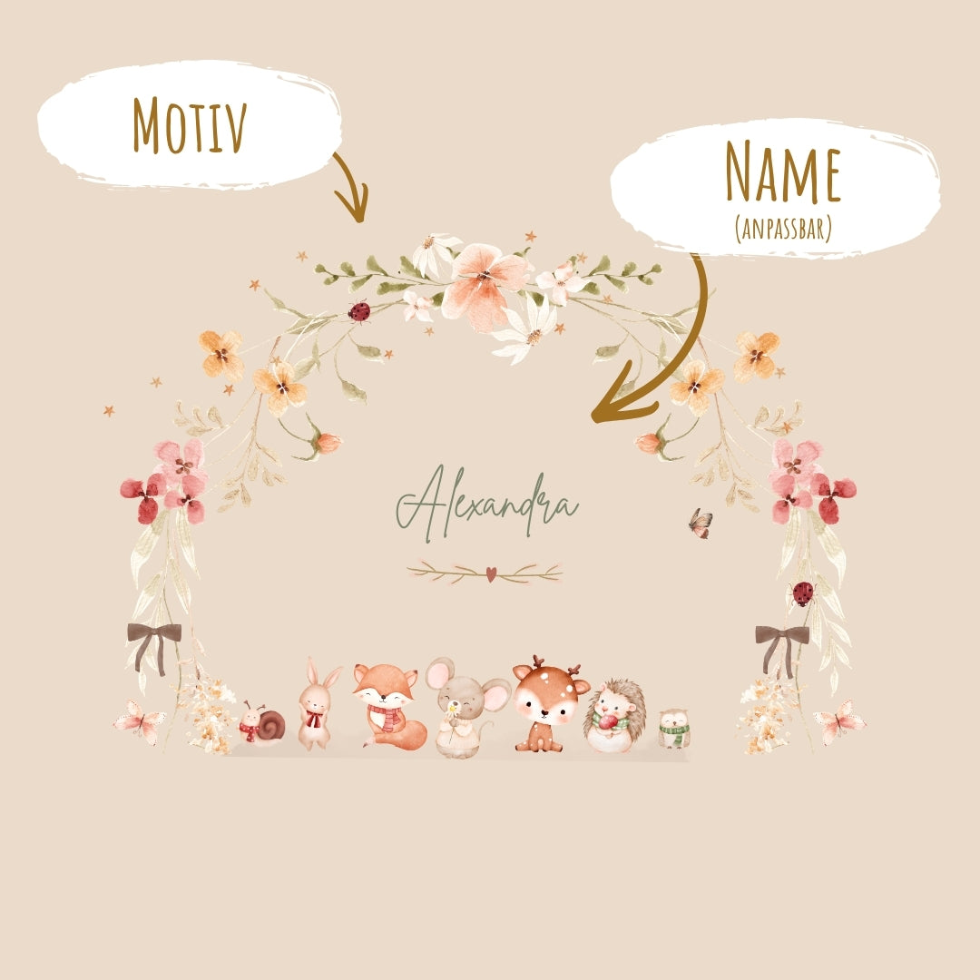 Spardose aus Holz mit Namen, Motiv Waldbewohner & Blumen – Ansicht 3