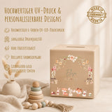Spardose aus Holz mit Namen, Motiv Waldbewohner & Blumen – Ansicht 4