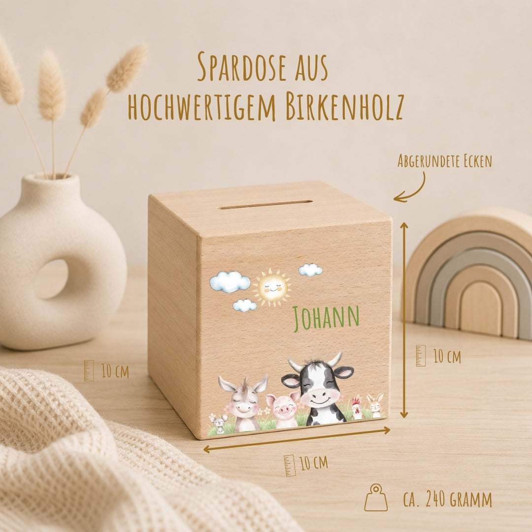Spardose aus Holz mit Namen, Motiv Bauernhof – Ansicht 2