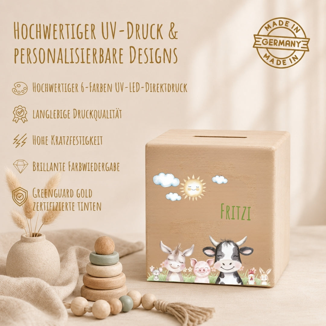 Spardose aus Holz mit Namen, Motiv Bauernhof – Ansicht 4