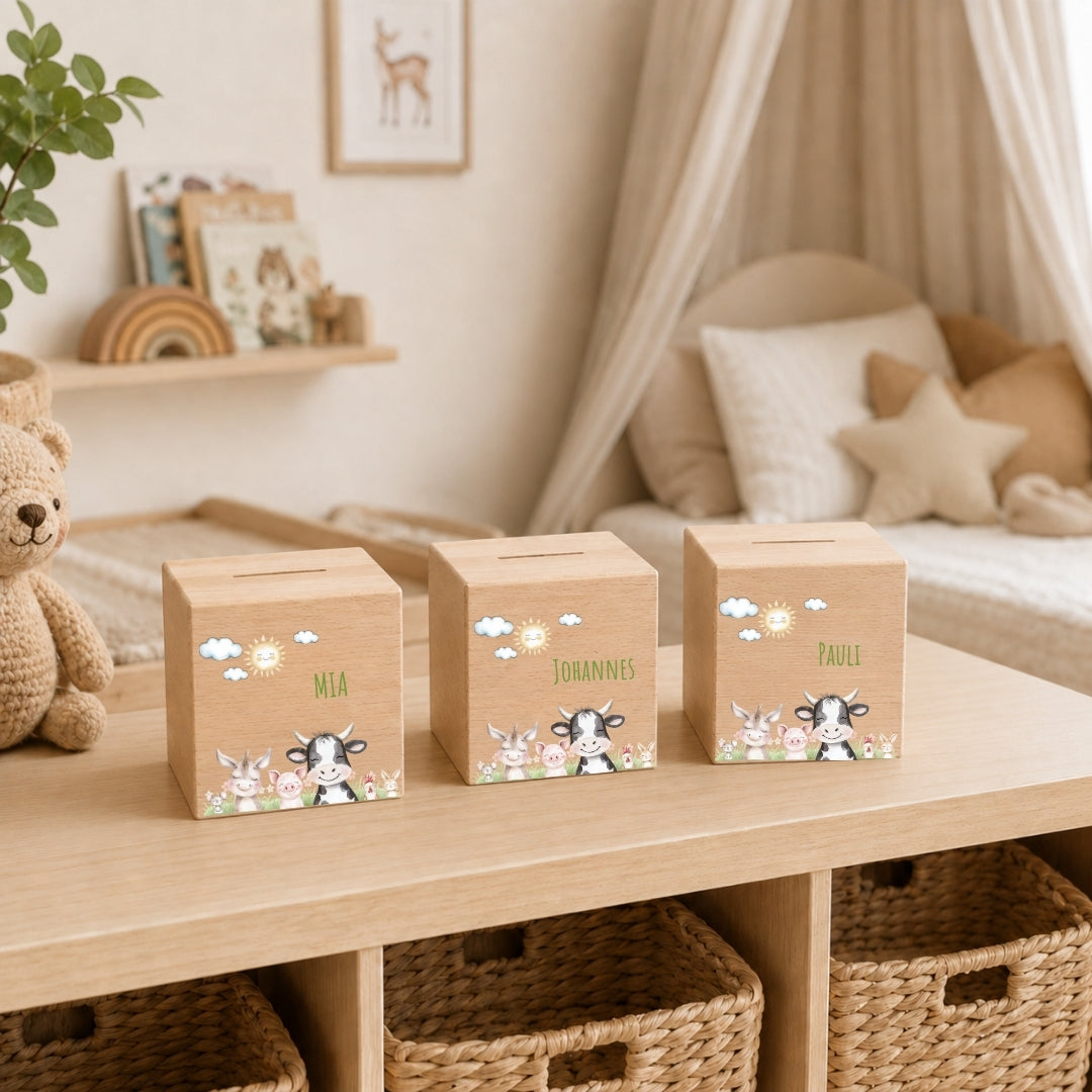 Spardose aus Holz mit Namen, Motiv Bauernhof – Ansicht 6